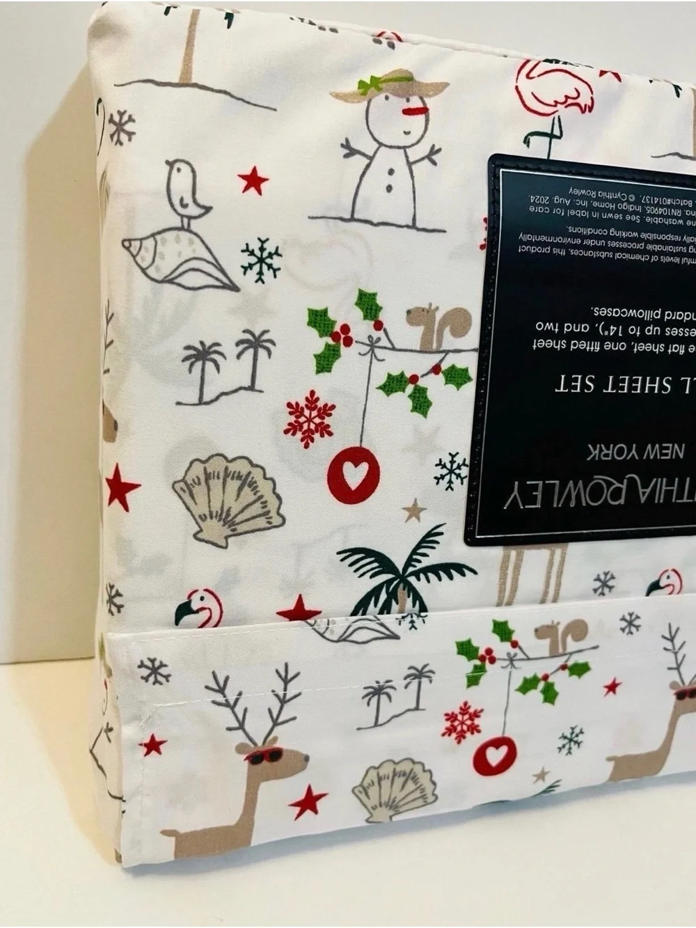 Cynthia Rowley Christmas Beach Full Size Sheet Set Palm Tree Seashell Flamingo
